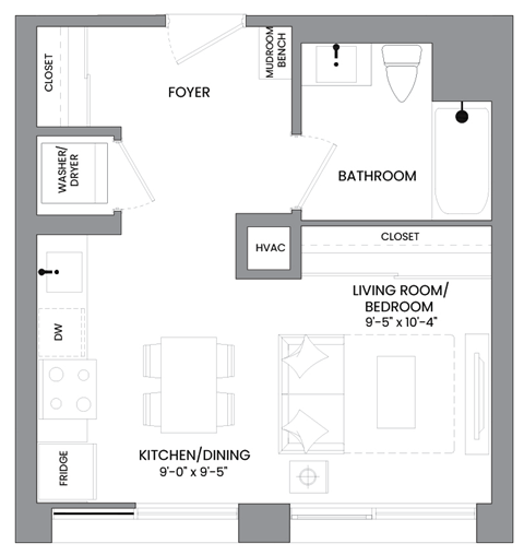 a floor plan of a small house with a bedroom and a living room